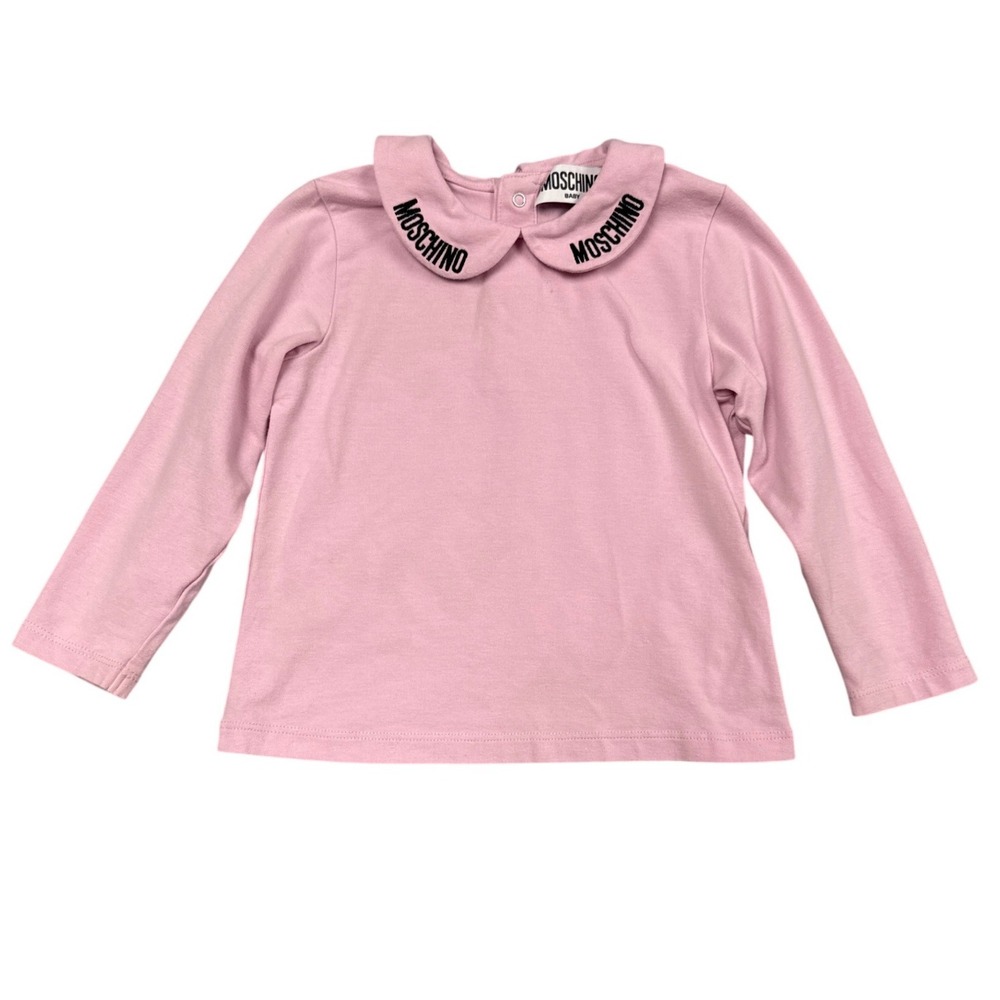 Moschino Long Sleeve Top Girls 12-18 Months Pink Peter Pan Collar Logo Designer